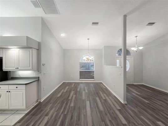 Chandelier, Empty room, Interior, Pendant Lights, Recessed Lighting, Wood Texture Flooring