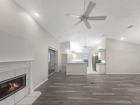Fireplace, Interior, Kitchen, Pendant Lights, Recessed Lighting, Wood Texture Flooring