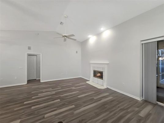 Empty room, Fireplace, Interior, Recessed Lighting, Wood Texture Flooring