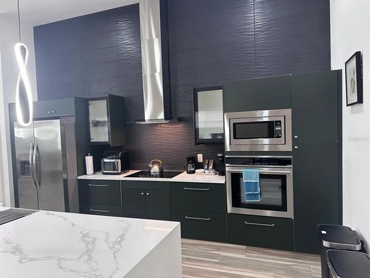 Interior, Kitchen, Pendant Lights, Stainless Steel Appliances, Wood Texture Flooring