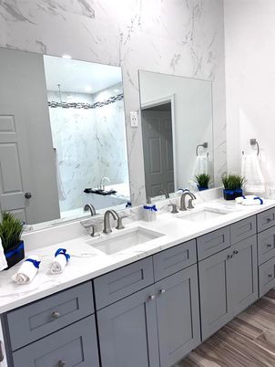 Bathroom, Dual Sink Vanities, Interior, Marble Walls, Wood Texture Flooring