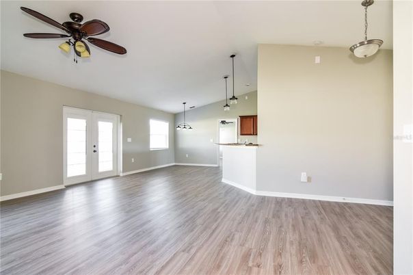 Empty room, Interior, Pendant Lights, Wood Texture Flooring