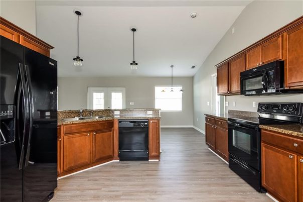 Interior, Kitchen, Pendant Lights, Wood Texture Flooring