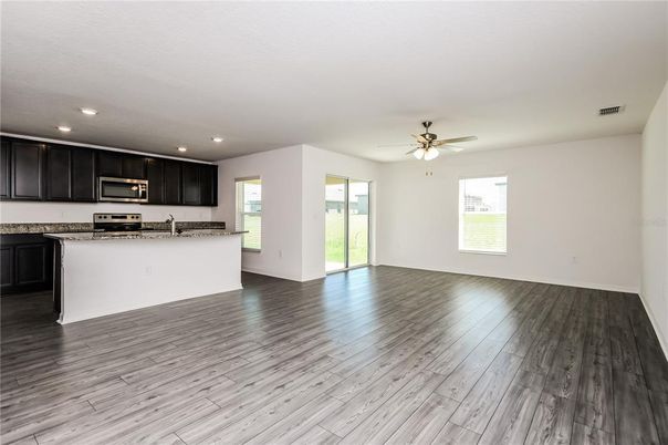 Empty room, Interior, Kitchen, Recessed Lighting, Wood Texture Flooring
