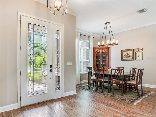 Chandelier, Dining room, Interior, Pendant Lights, Wood Texture Flooring