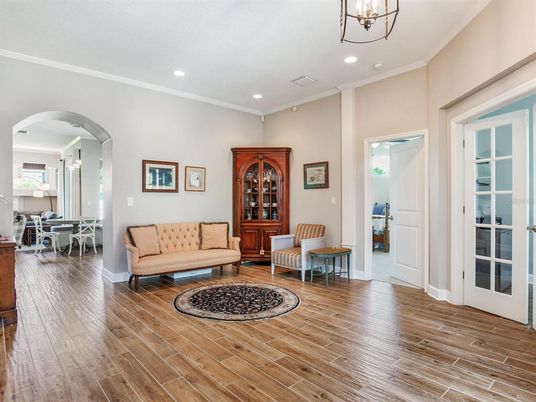 Dining room, Interior, Living room, Recessed Lighting, Wood Texture Flooring