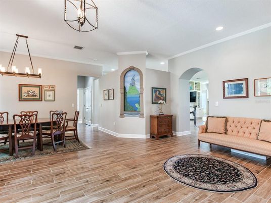 Chandelier, Dining room, Interior, Pendant Lights, Recessed Lighting, Wood Texture Flooring