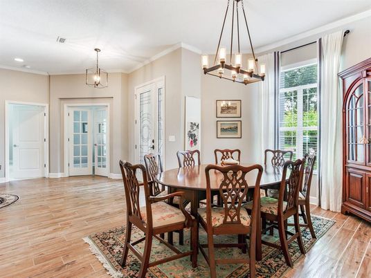 Dining room, Interior, Pendant Lights, Recessed Lighting, Wood Texture Flooring