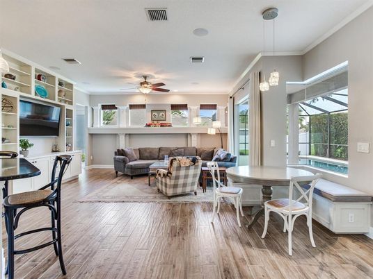Dining room, Interior, Living room, Pendant Lights, Recessed Lighting, Wood Texture Flooring