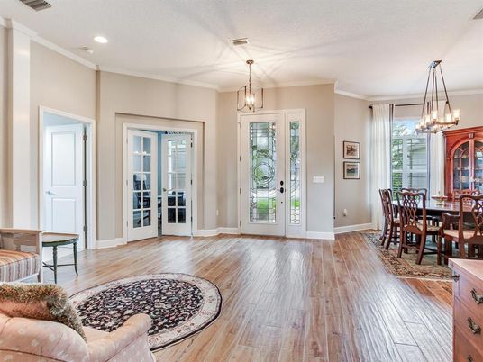 Chandelier, Dining room, Interior, Pendant Lights, Recessed Lighting, Wood Texture Flooring