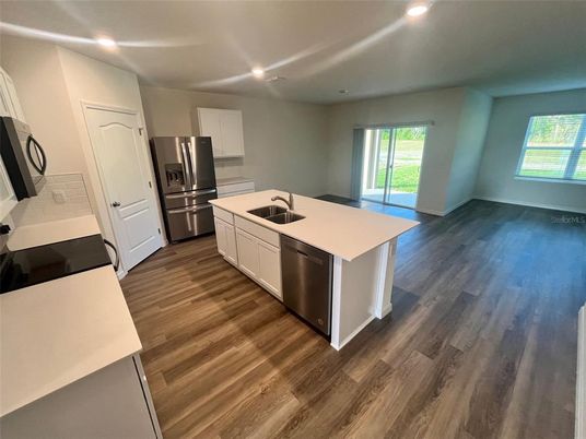 Interior, Kitchen, Recessed Lighting, Stainless Steel Appliances, Wood Texture Flooring