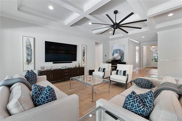 Chandelier, Interior, Living room, Pendant Lights, Piano, Recessed Lighting, Wood Texture Flooring