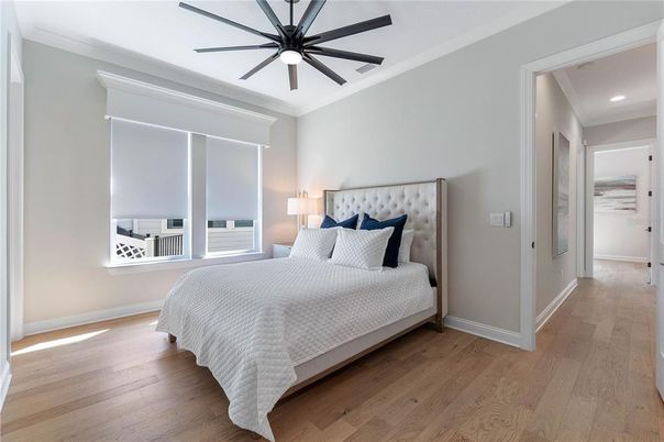 Bedroom, Interior, Recessed Lighting, Wood Texture Flooring