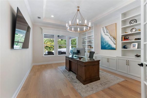 Chandelier, Home Office, Interior, Pendant Lights, Recessed Lighting, Wood Texture Flooring