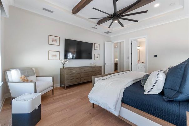 Bedroom, Interior, Recessed Lighting, Wooden Beams, Wood Texture Flooring