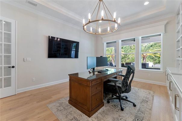 Chandelier, Home Office, Interior, Pendant Lights, Recessed Lighting, Wood Texture Flooring