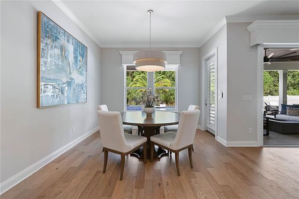 Dining room, Interior, Pendant Lights, Wood Texture Flooring