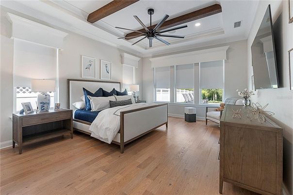 Bedroom, Interior, Recessed Lighting, Wooden Beams, Wood Texture Flooring