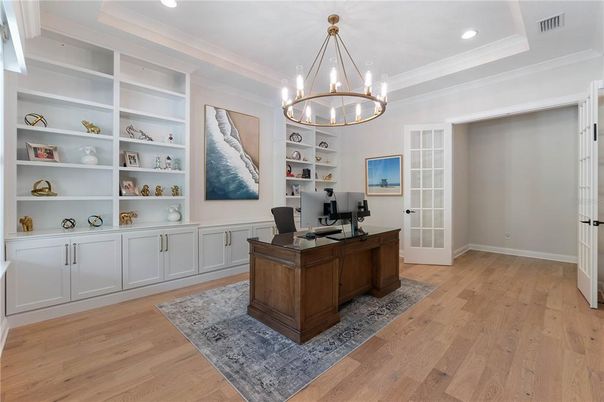 Chandelier, Home Office, Interior, Pendant Lights, Recessed Lighting, Wood Texture Flooring