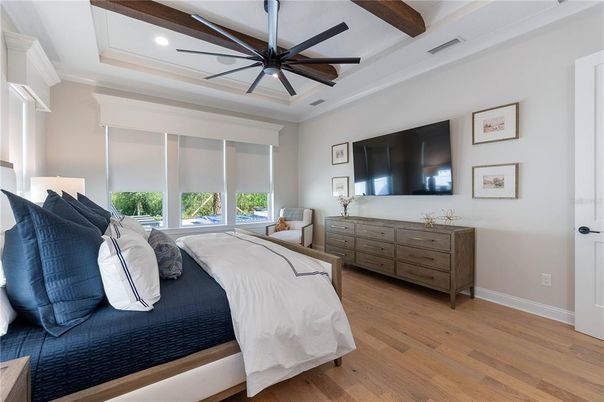 Bedroom, Interior, Recessed Lighting, Wooden Beams, Wood Texture Flooring