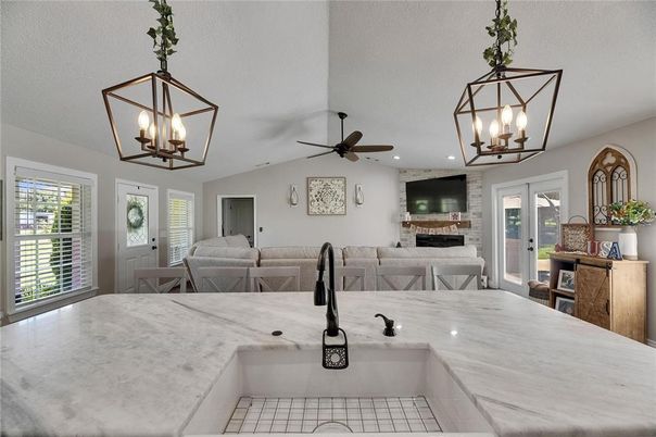 Dining room, Fireplace, Interior, Living room, Pendant Lights, Recessed Lighting