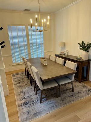 Chandelier, Dining room, Interior, Pendant Lights, Wood Texture Flooring