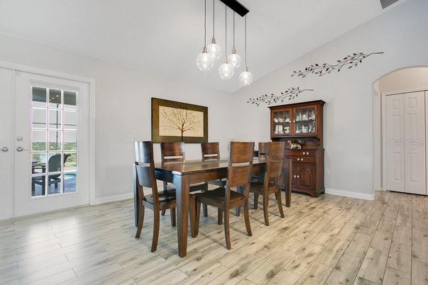 Dining room, Interior, Pendant Lights, Wood Texture Flooring