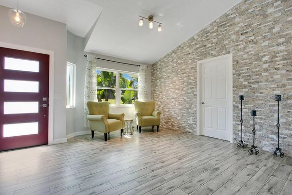 Interior, Pendant Lights, Stone Walls, Wood Texture Flooring