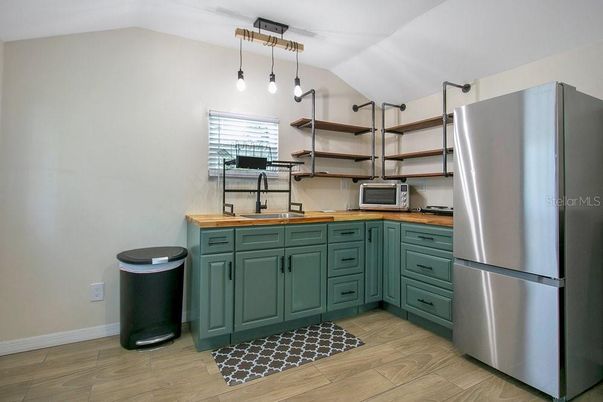 Interior, Kitchen, Pendant Lights, Stainless Steel Appliances, Wood Texture Flooring
