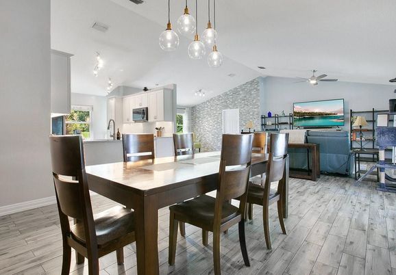 Dining room, Interior, Kitchen, Living room, Pendant Lights, Wood Texture Flooring