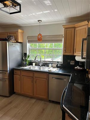 Interior, Kitchen, Pendant Lights, Wood Texture Flooring