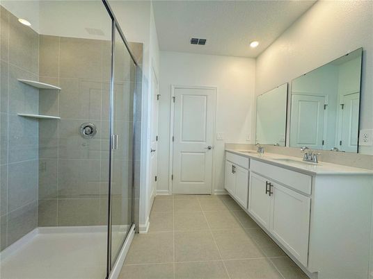 Bathroom, Dual Sink Vanities, Glass Shower, Interior, Recessed Lighting