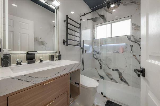 Bathroom, Glass Shower, Interior, Marble Walls, Recessed Lighting