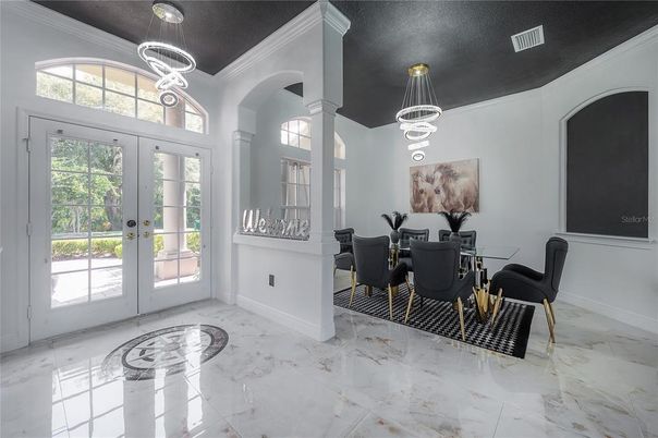 Dining room, Interior, Marble, Pendant Lights