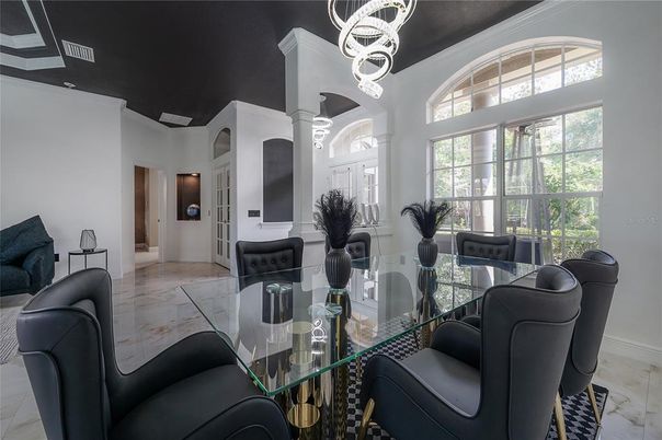 Dining room, Interior, Marble, Pendant Lights