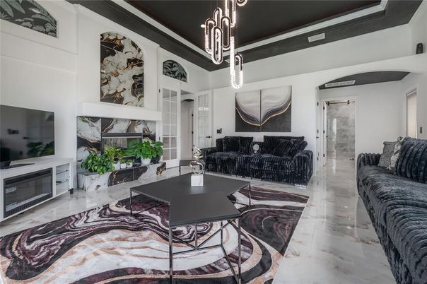 Fireplace, Interior, Living room, Marble, Pendant Lights