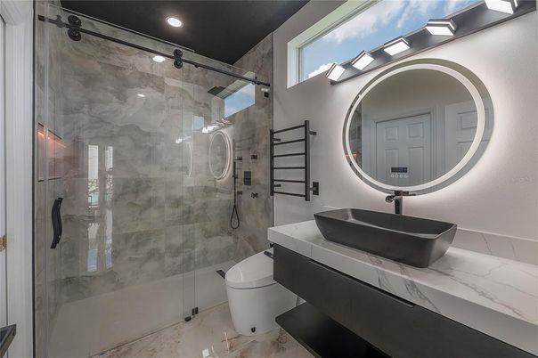 Bathroom, Glass Shower, Interior, Marble Walls, Recessed Lighting