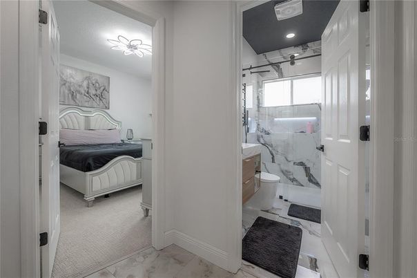 Bathroom, Bedroom, Glass Shower, Interior, Marble, Marble Walls, Recessed Lighting