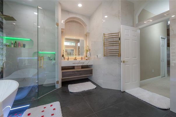 Bathroom, Glass Shower, Interior, Marble Walls, Recessed Lighting