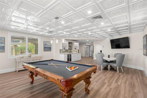 Billiard Table, Game Room, Interior, Pendant Lights, Recessed Lighting, Wood Texture Flooring