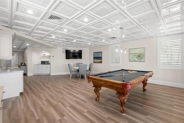 Billiard Table, Dining room, Game Room, Interior, Pendant Lights, Recessed Lighting, Wood Texture Flooring