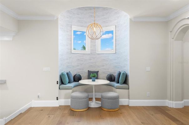 Dining room, Interior, Pendant Lights, Wood Texture Flooring