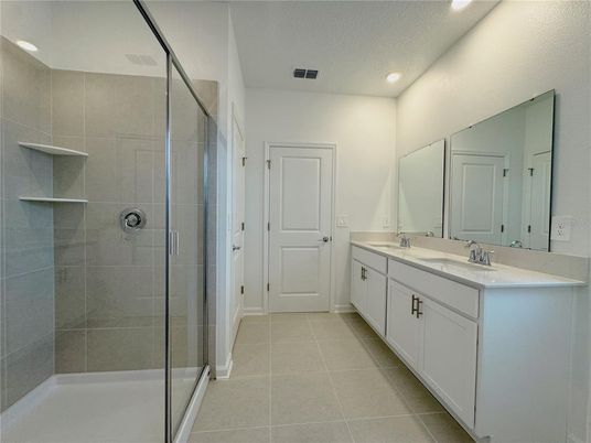 Bathroom, Dual Sink Vanities, Glass Shower, Interior, Recessed Lighting