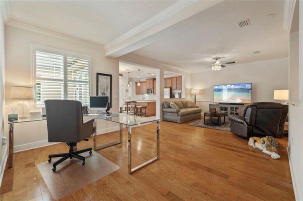Home Office, Interior, Living room, Pendant Lights, Wood Texture Flooring