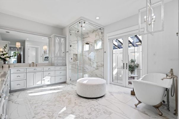 Bathroom, Dual Sink Vanities, Free Standing Baths, Glass Shower, Interior, Marble, Marble Walls, Recessed Lighting