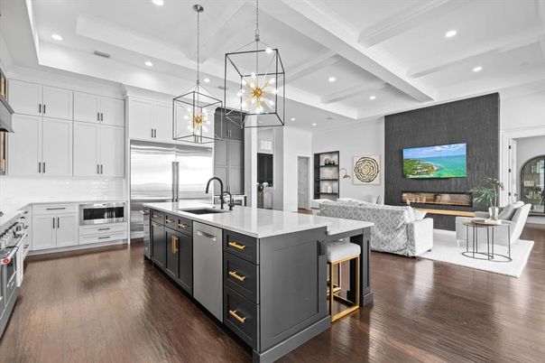 Interior, Kitchen, Living room, Pendant Lights, Recessed Lighting, Stainless Steel Appliances, Wood Texture Flooring