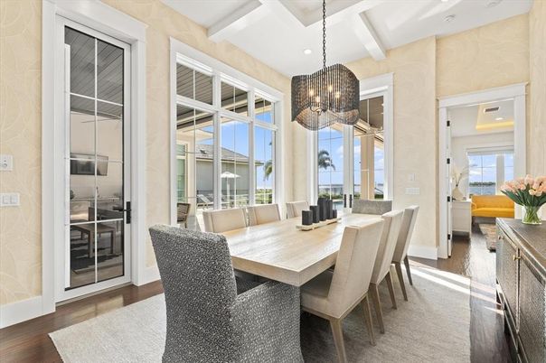 Chandelier, Dining room, Interior, Pendant Lights, Recessed Lighting, Wood Texture Flooring