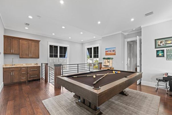Billiard Table, Game Room, Interior, Recessed Lighting, Wood Texture Flooring