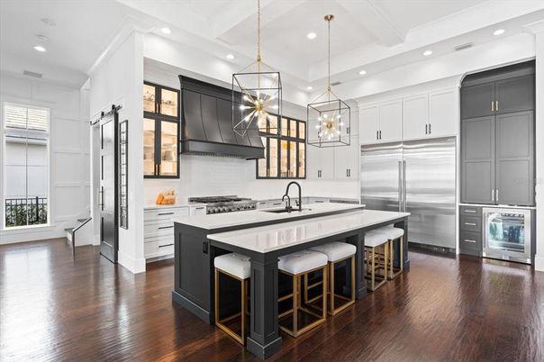 Interior, Kitchen, Pendant Lights, Recessed Lighting, Stainless Steel Appliances, Wood Texture Flooring