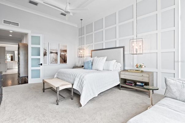 Bedroom, Interior, Pendant Lights, Recessed Lighting, Wood Texture Flooring